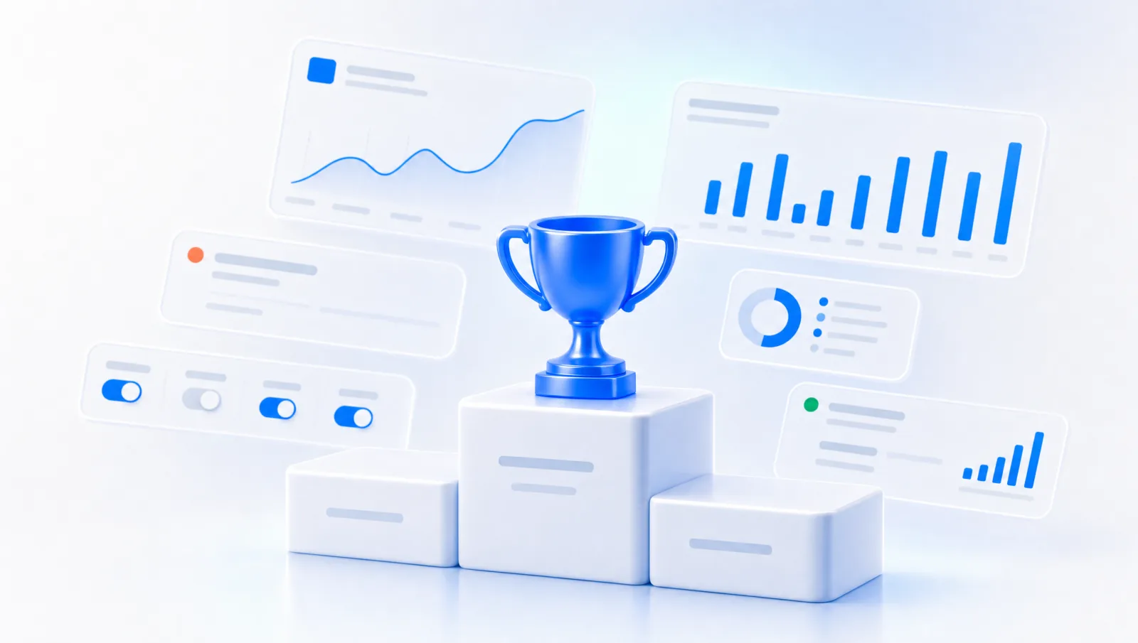 Abstract leaderboard podium with a subtle trophy motif and floating performance dashboards in AdBoost blue