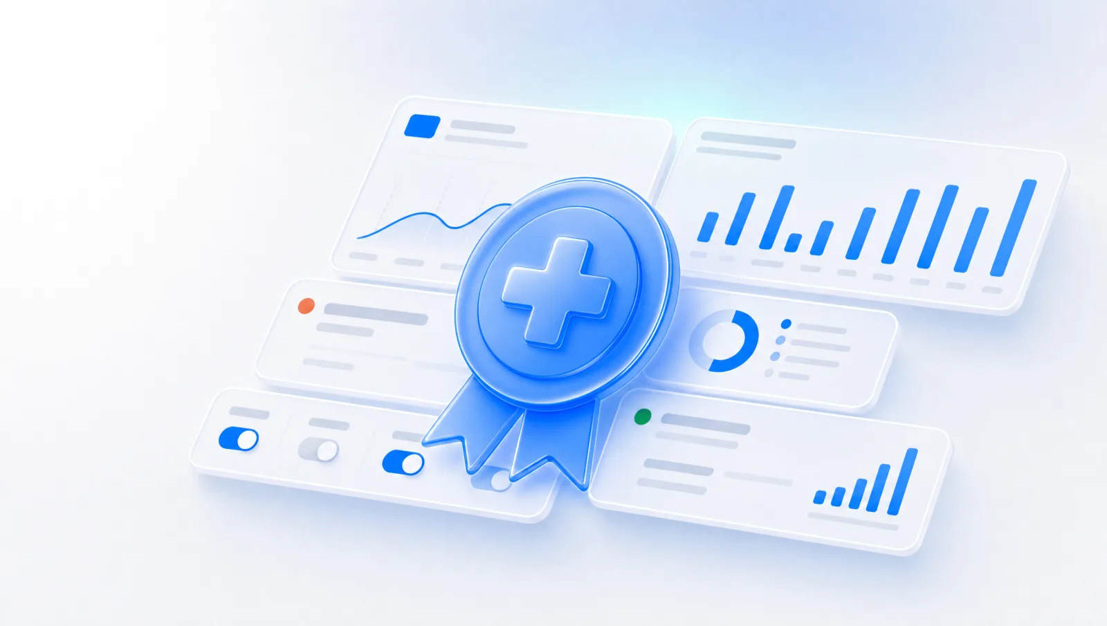 Abstract leaderboard with a subtle medical-cross motif and floating patient-acquisition dashboards in AdBoost blue