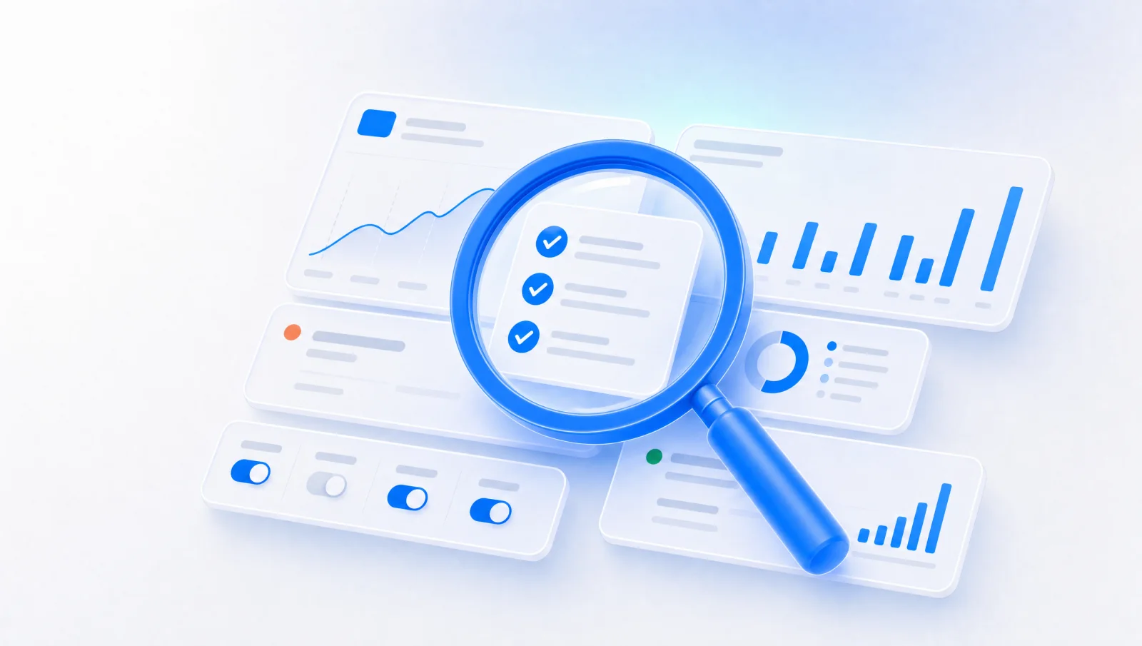 Checklist with nine items beside a magnifying glass in AdBoost blue on white