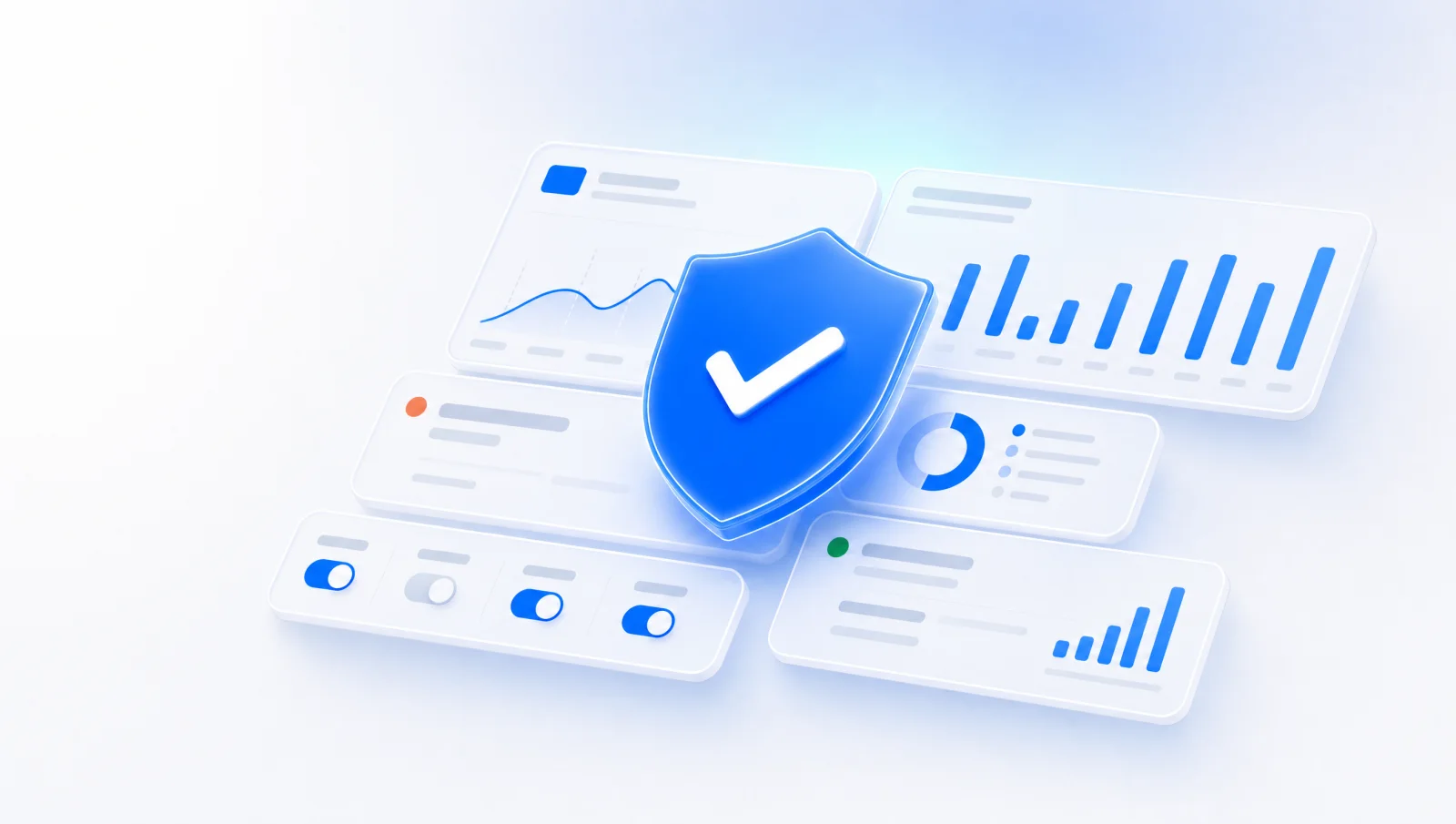 Abstract illustration of a shield and checkmark over ad campaign dashboards in AdBoost blue
