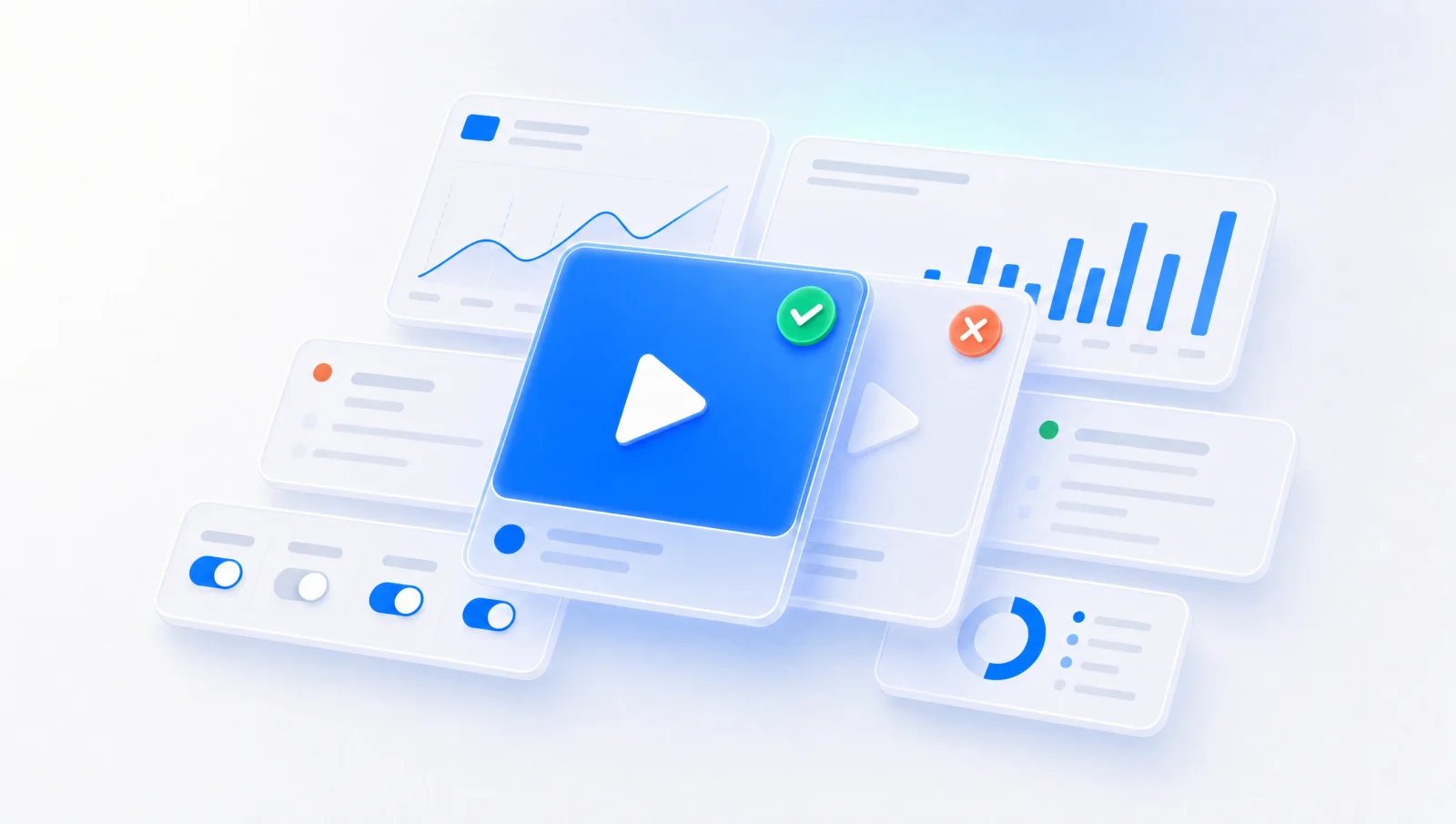 Grid of ad creative frames, some flagged and some approved, in AdBoost blue and coral