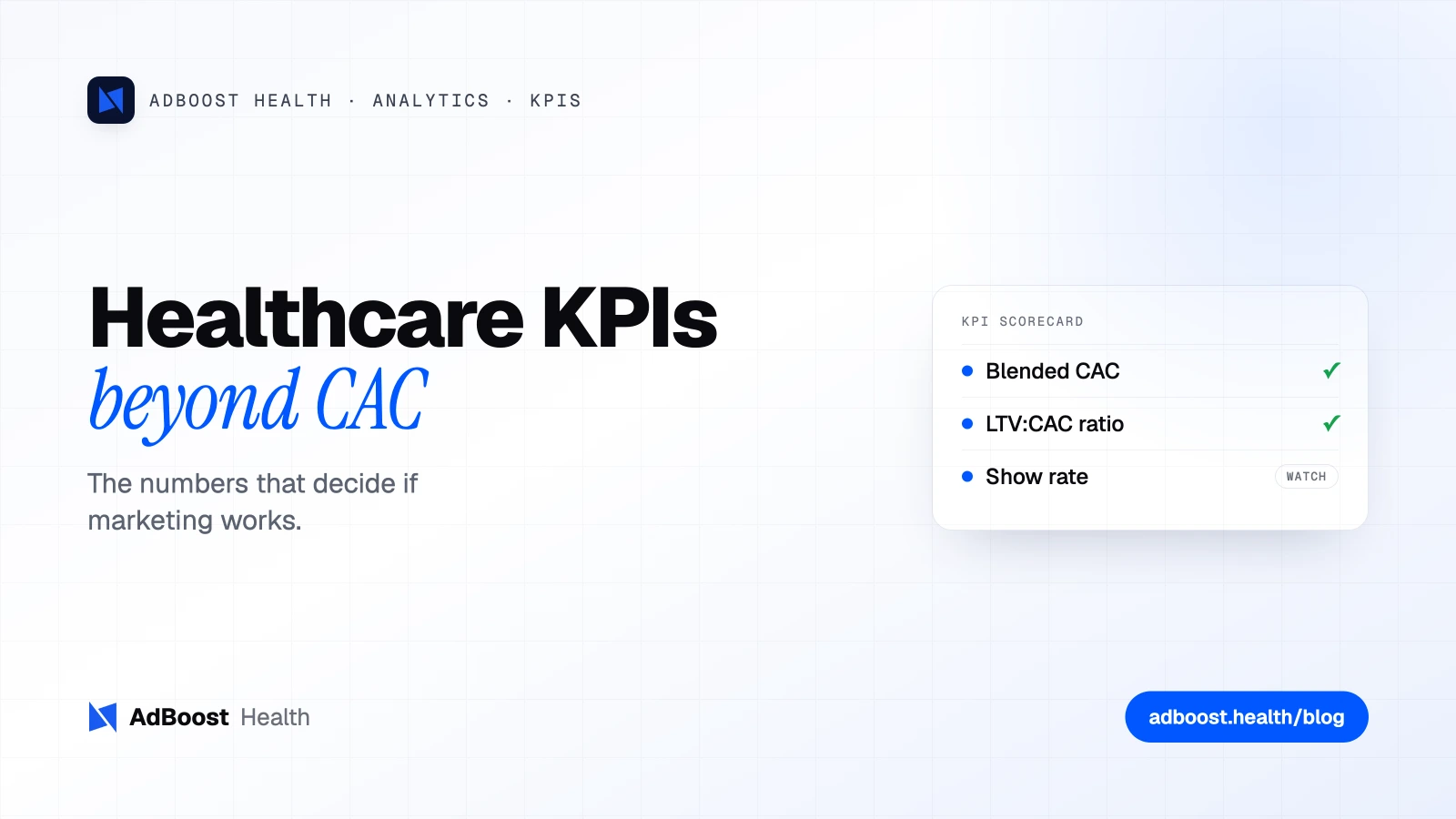 AdBoost Health brand graphic: the healthcare marketing KPIs worth tracking beyond CAC, with a KPI scorecard checklist card