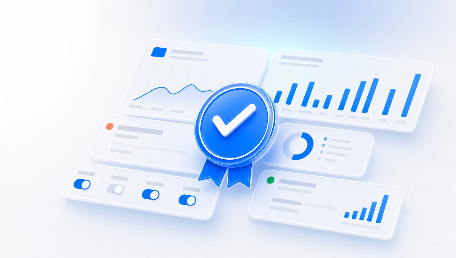 Abstract verified certification seal medallion with a checkmark floating over ad dashboards in AdBoost blue
