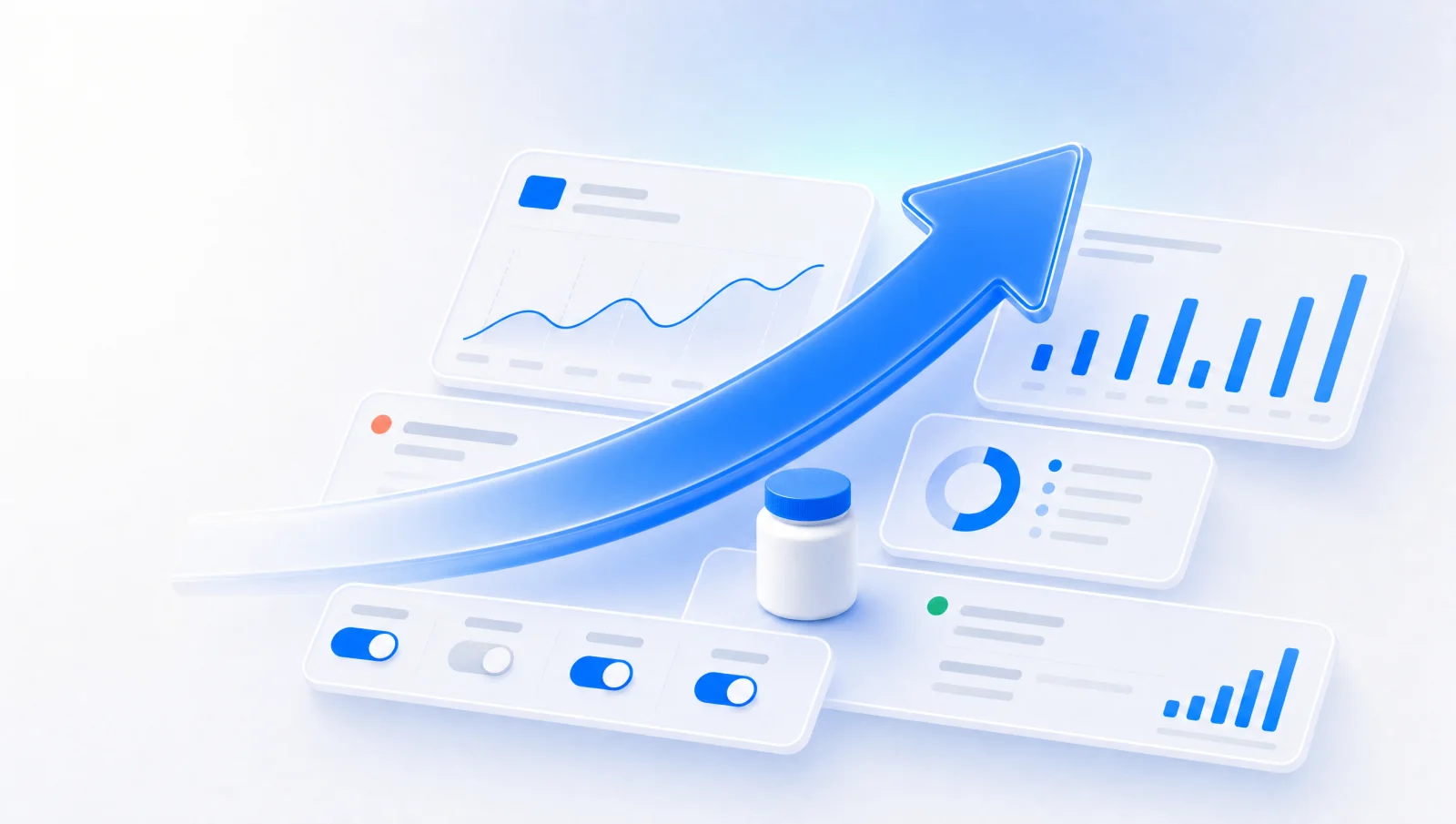 Ascending growth curve over supplement product silhouettes in AdBoost blue and green