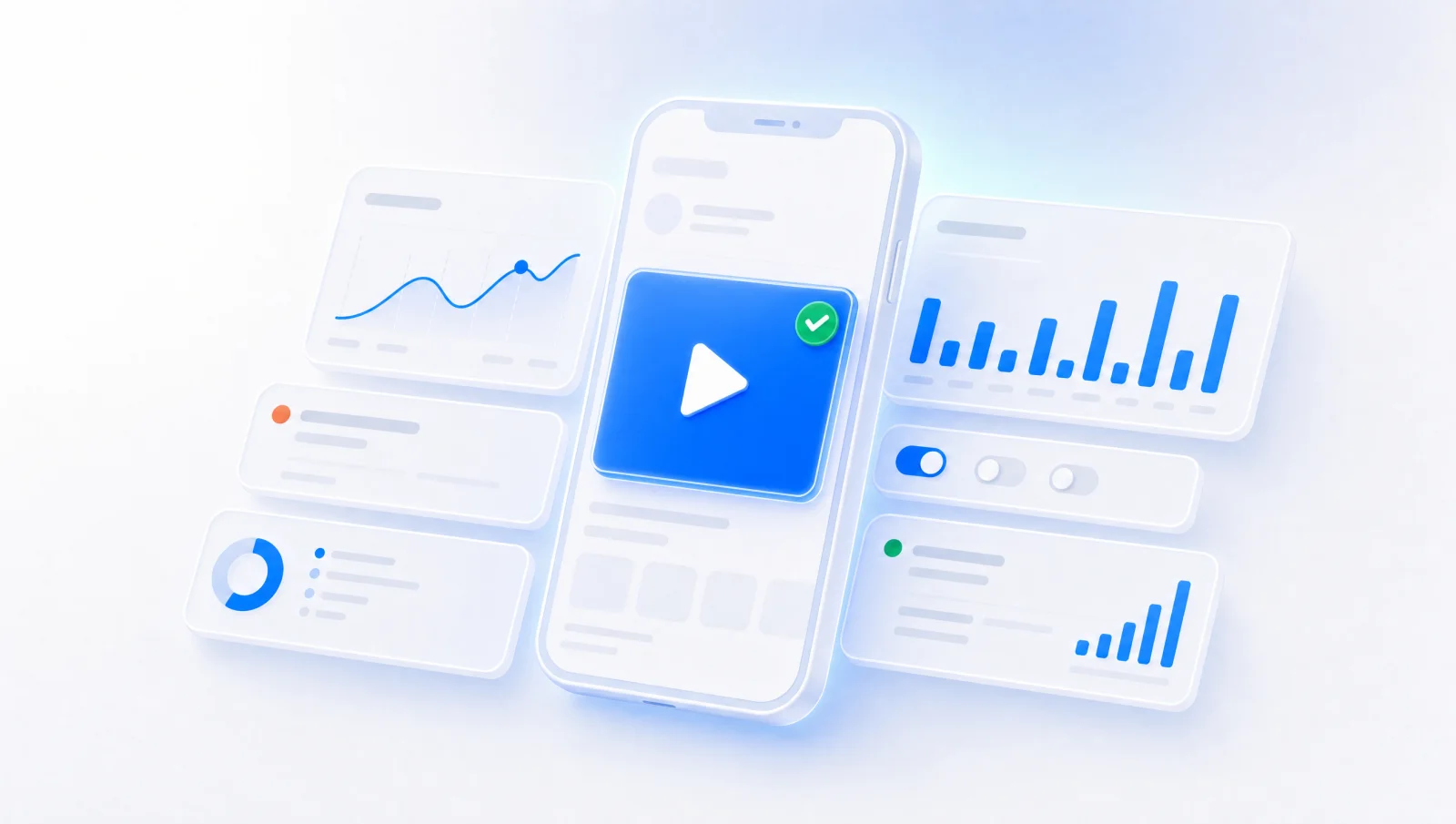 Grid of creator video frames flowing into an ad testing pipeline, illustrated in AdBoost blue